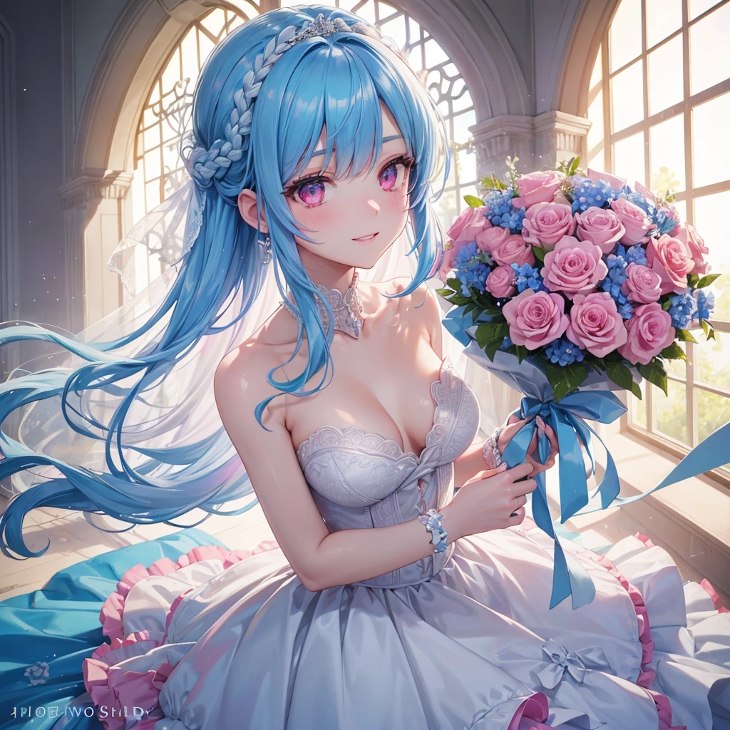 Sky blue hair, (Braided Ponytail),(Pink Eyes),Fair skin ,(whole body),(One girl),bride,A big smile,Straight bangs, 6月のbride,Wedding dress,(masterpiece, Highest quality, Very detailed, Best Shadow), (Detailed Background), (Beautifully detailed face), High Contrast, (Best lighting, Very delicate and beautiful), ((Cinematic Light)), colorful, Hyper Detail, Dramatic Light, Intricate details,Chapel background,A bouquet of roses in the right hand,Ring on left ring finger,