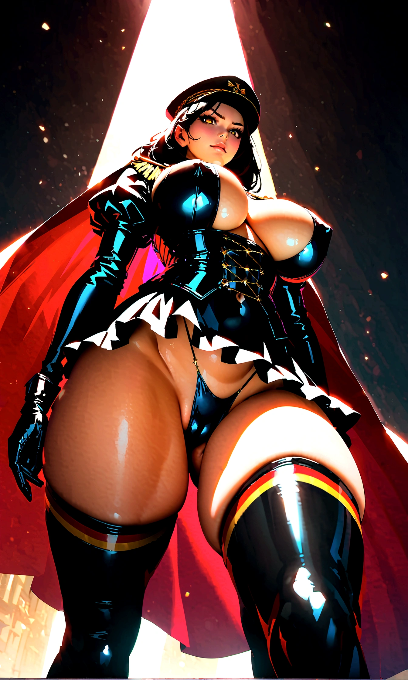 ((busty bimbo german ss soldier)), slut, ((gunslinger)), (model), lace, classy, sophisticated, dangerous, ((wermacht)), iron cross emblem, (((german))), (fit), (german facial features), mostly naked, (provocative), inappropriate, (german body shape), glossy eyes, ((((beautiful)))), looking straight, sexy, (serious expression), stoic, ((european)), ((hyper sexualized)), raunchy, hourglass body, ((sexy)), ((from the front)), from below, holding a maschinengewehr gun, ((perfect)), (feminine), walking dramatically, hip sway, gold belly chain, german frilly micro corset, german frilly thigh highs, german frilly sleeves, german frilly breast curtain, german frilly high rise thong, micro billowing cape, german military cap, voluptuous round juicy breasts, underboob, voluptuous strong round ass, strong thighs, sexy hips, hip cleavage, full shapely body, curvy, ornate german jewelry, vibrant aura, smooth shiny skin, (sexy lighting), german background, smooth clean lines, ultra textured, highest resolution, maximum quality, max detail, vivid colors, max texture, energetic composition, dramatic lighting, crystal clear, depth perspective, high contrast, seamlessly blended, photorealistic, chromatic aberration, subpixel precision, bokeh effect depth art, anamorphic perspective, hdr high dynamic range, spectral color graded, photometric lighting, motion lines