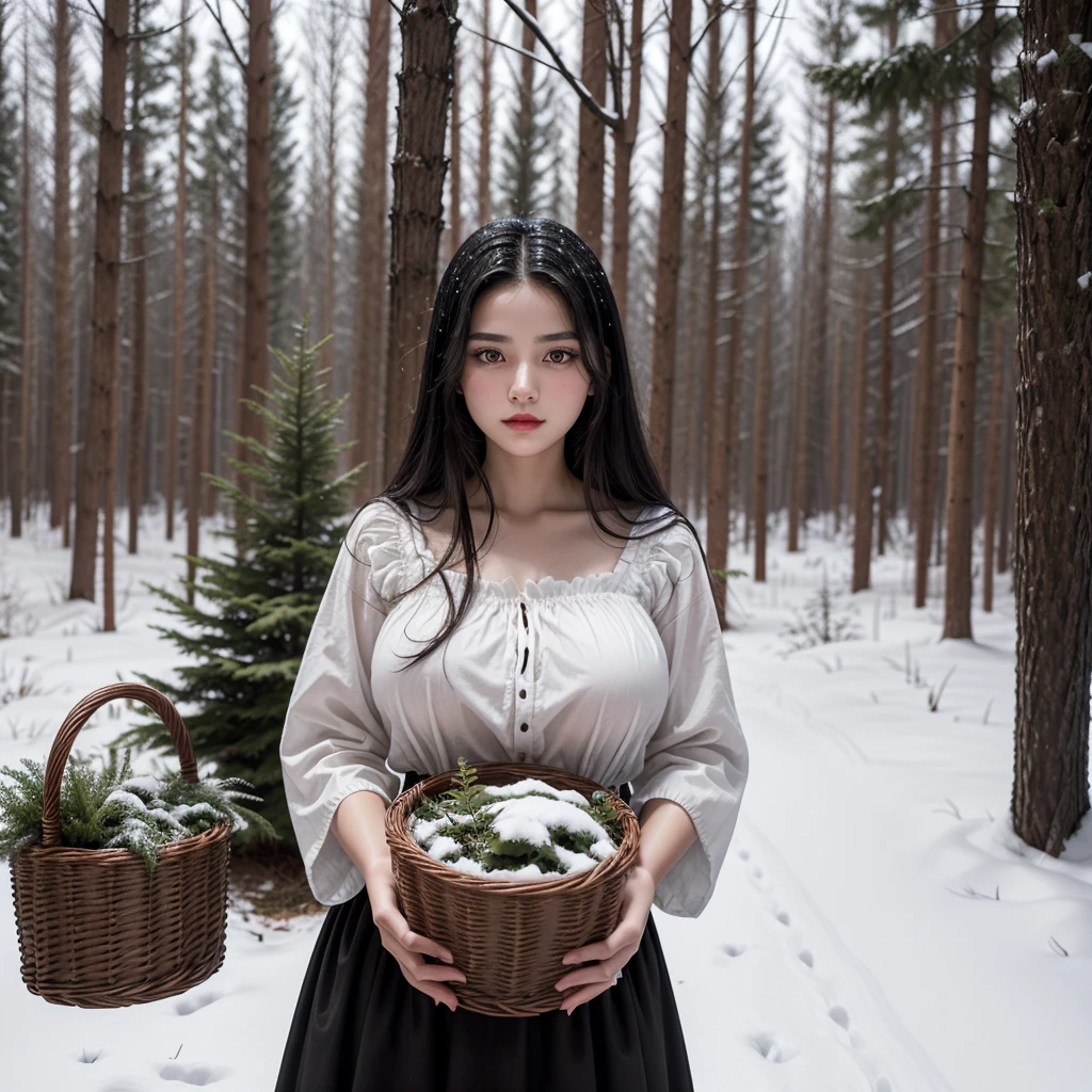 17 year old girl, long dark black hair, clear skin, big brown eyes, slim appearance, Red lips, with big breast, She wears a white and black medieval peasant dress and is collecting plants with a basket in the forest that is covered in snow., she is naked