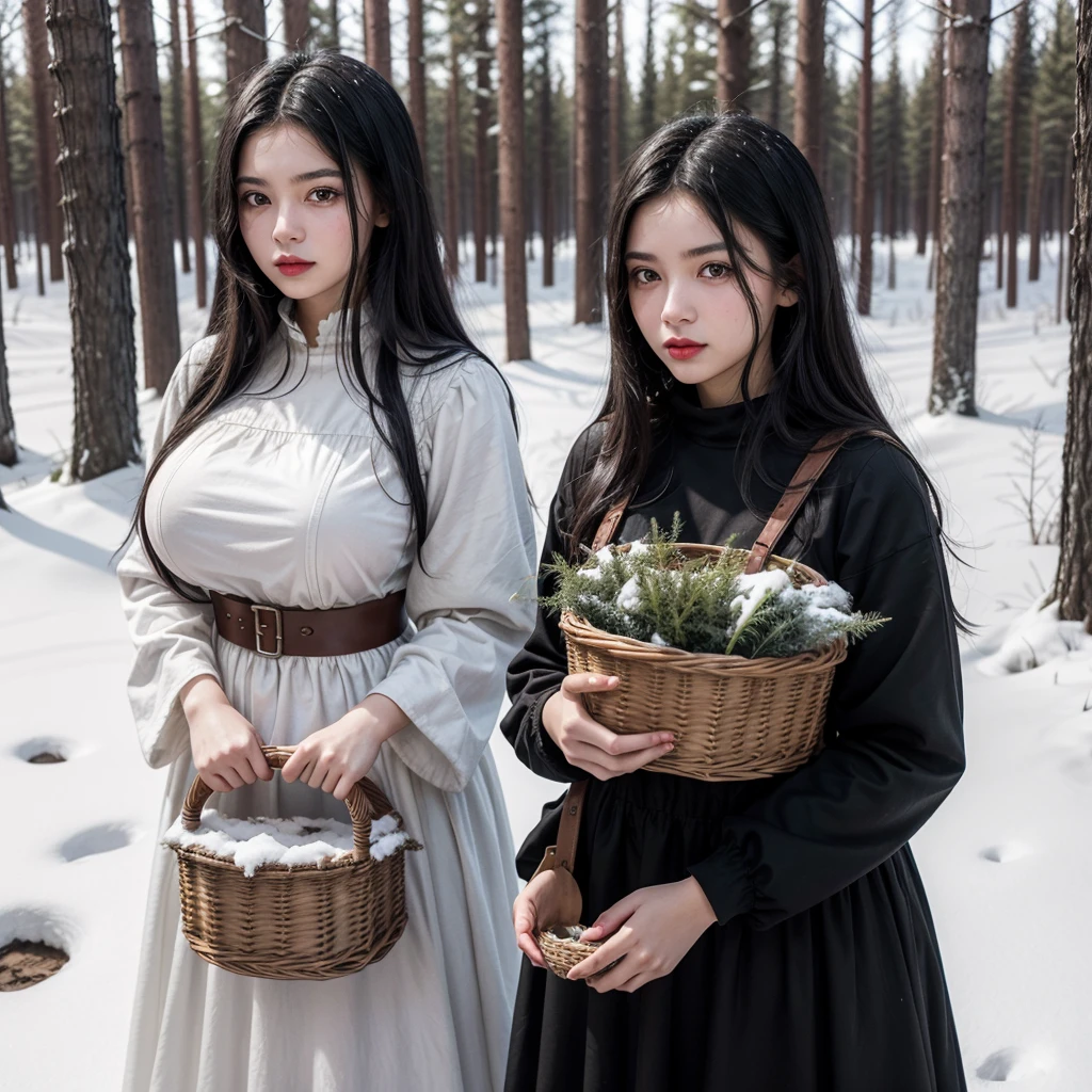 17 year old girl, long dark black hair, clear skin, big brown eyes, slim appearance, Red lips, with big breast, She wears a white and black medieval peasant dress and is collecting plants with a basket in the forest that is covered in snow.