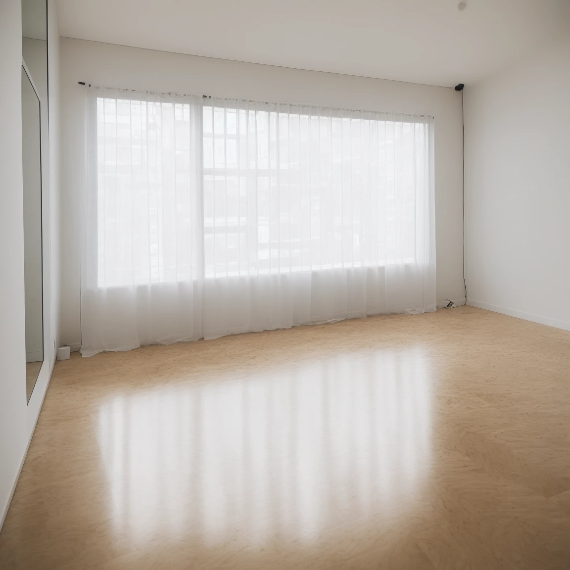 Imagine a minimalist and modern empty room interior.。The scene is、The room has white walls and light grey laminate flooring.。The room is bright and bright.、Natural light comes in through the windows、Accentuate the clean and simple aesthetic of an urban apartment space。