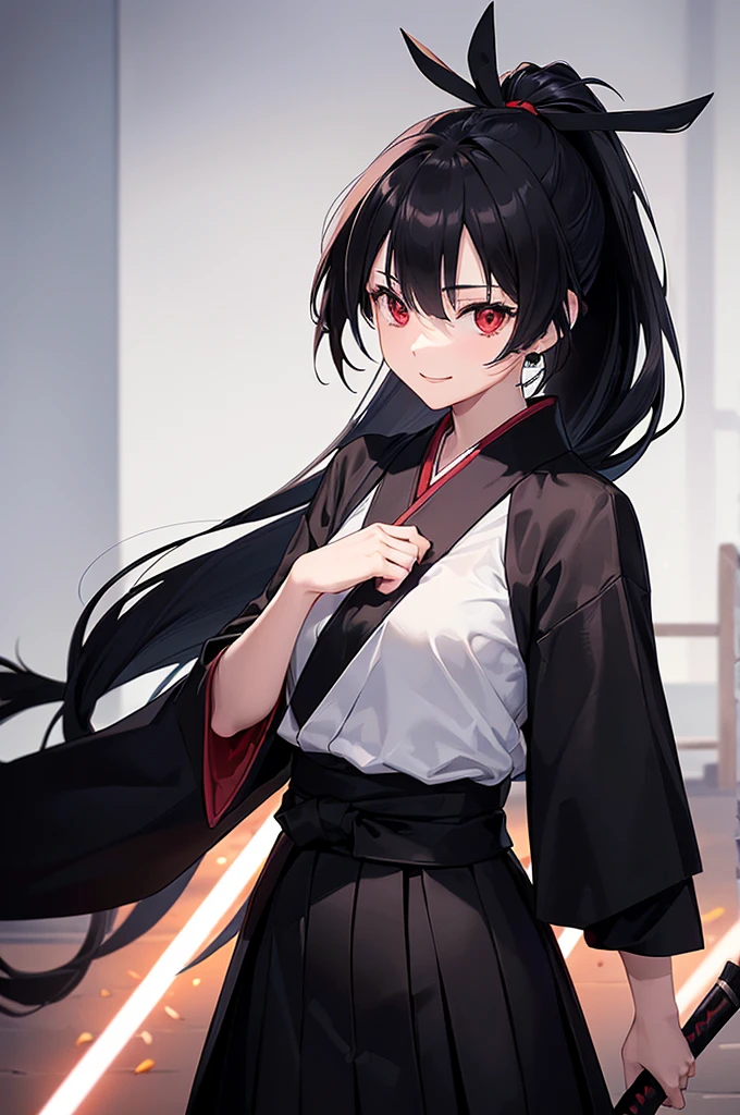 (masterpiece; best quality: 1.2), (finely detailed eyes: 1.3), ((25 year old woman)), ((solo)), (red eyes: 1.4), (body; lithe, slender, femenine: 1.3), (black hair in ponytail: 1.3), (beautiful and clear background: 1.2), ((depth of field)), (clothes: ronin attire + black hakama + black sash: 1.3), (anime illustration: 1.2), (background composition; kendo dojo + night time: 1.1), (extremely fine and beautiful: 1.1), (shot composition; standing + centered on torso + close-up: 1.5), (expression; calm, smile: 1.2)