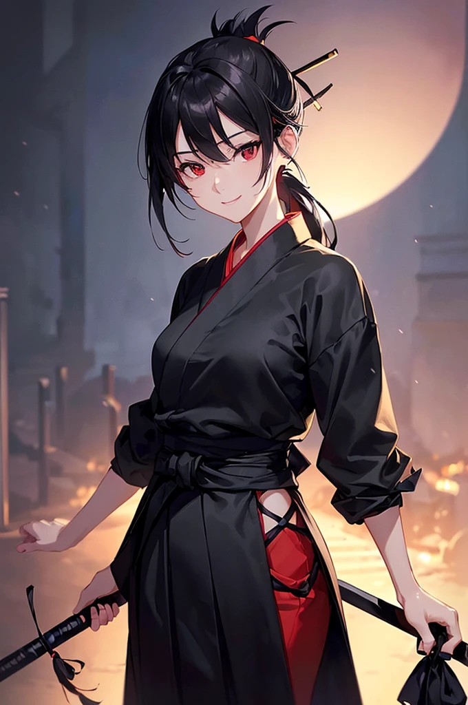 (masterpiece; best quality: 1.2), (finely detailed eyes: 1.3), ((25 year old woman)), ((solo)), (red eyes: 1.4), (body; lithe, slender, femenine: 1.3), (black hair in ponytail: 1.3), (beautiful and clear background: 1.2), ((depth of field)), (clothes: ronin attire + black hakama + black sash: 1.3), (anime illustration: 1.2), (background composition; kendo dojo + night time: 1.1), (extremely fine and beautiful: 1.1), (shot composition; standing + centered on torso + close-up: 1.5), (expression; calm, smile: 1.2)