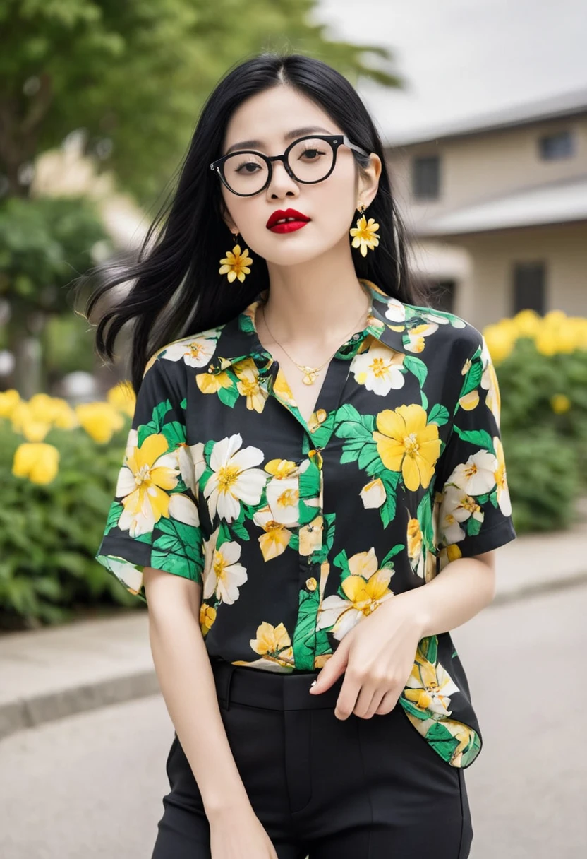 Black hair flower shirt with black pants with green flip-flops and yellow earrings with glasses and lipstick with necklace
