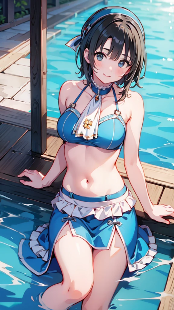 (((masterpiece))),(((High resolution)))、(((perfect face)))、(((Takao Kancolle)))、25 years old、(((beautiful face)))、(((tube top))), big tits、((top quality eyes)), detailed texture, ((high resolution face)), erotic smile, at the pool, short hair
