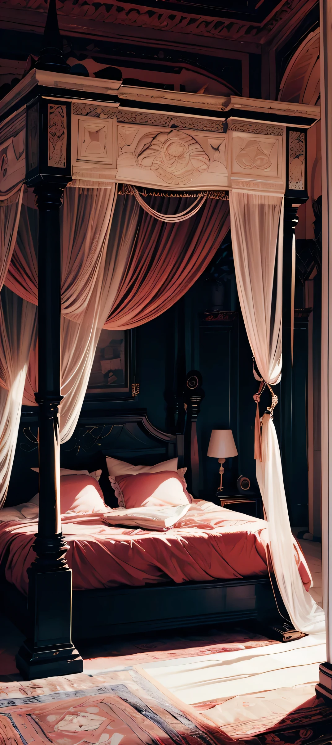 Best quality, masterpiece, ultra high res, raw photo, beautiful and aesthetic,deep shadow, dark theme,(ultra detailed:1.3), divine, royal bedroom, indoors, luxurious palace, canopy bed, full of curtains, pillows, jewelry, candlelight, queen bedrooms, pink room, Mediterranean style bedroom bedroom