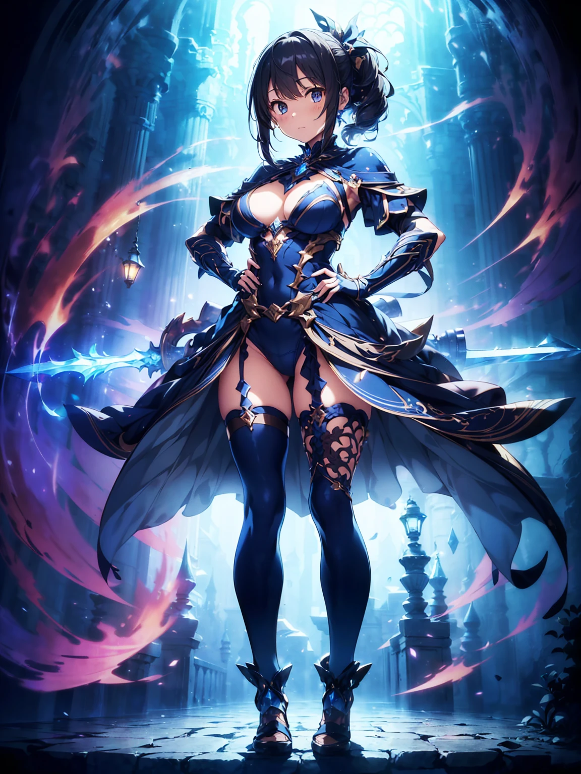 (((masterpiece, best quality, high detailed, 8k))) Design a layout showcase Gaming character, (1girl). Purple|Silver clothes, stylish and unique. ((showcase weapon:1.4)), magical orb. (masterpiece:1.2), (best quality), 4k, ultra-detailed. (Step by step design, layout art:1.5), (luminous lighting, atmospheric lighting). sorceress, ((glove full hands)), (((revealing clothes:1.3))), vambraces, armored legwear, (((full_body_shot:1.4))). {In an enchanted castle}.
