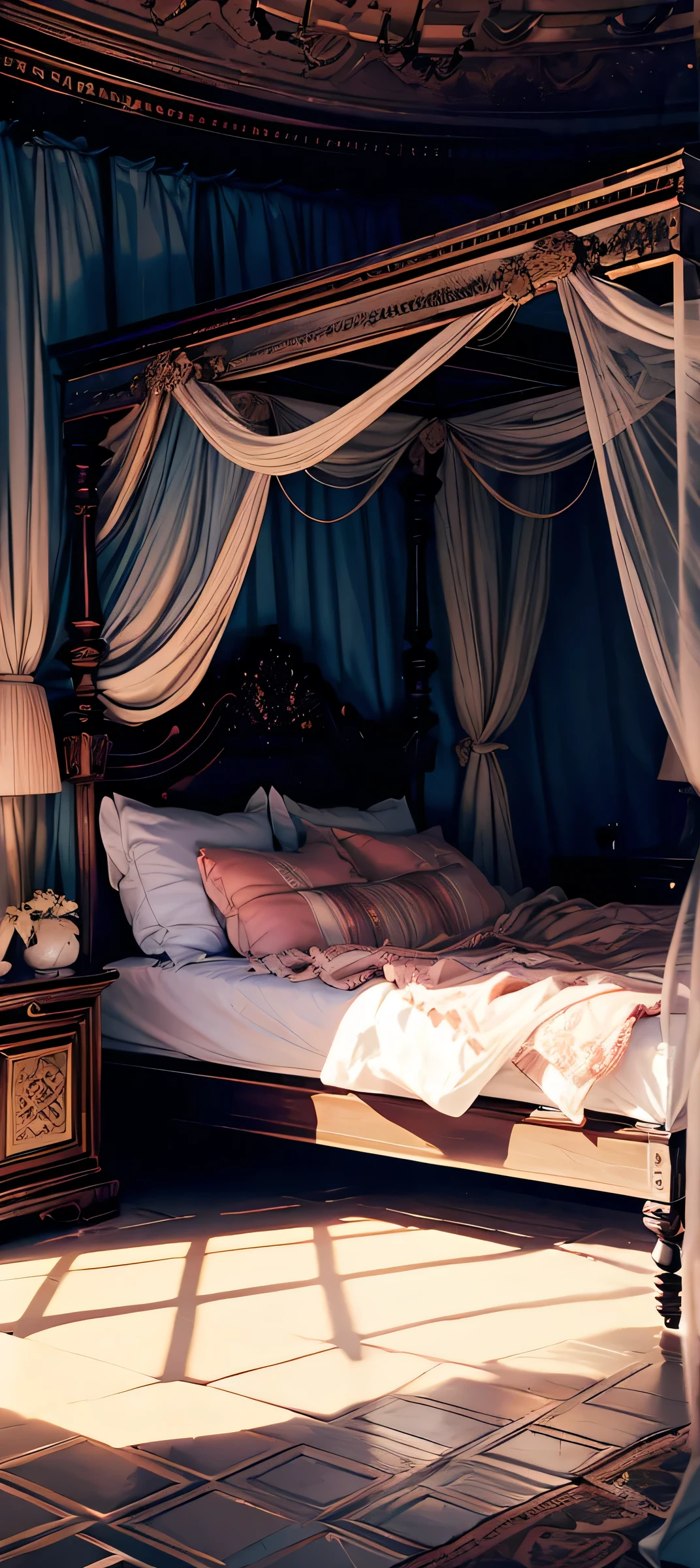 Best quality, masterpiece, ultra high res, raw photo, beautiful and aesthetic,deep shadow, dark theme,(ultra detailed:1.3), divine, royal bedroom, indoors, luxurious palace, canopy bed, full of curtains, pillows, jewelry, candlelight, queen bedrooms, pink room, Mediterranean style bedroom bedroom