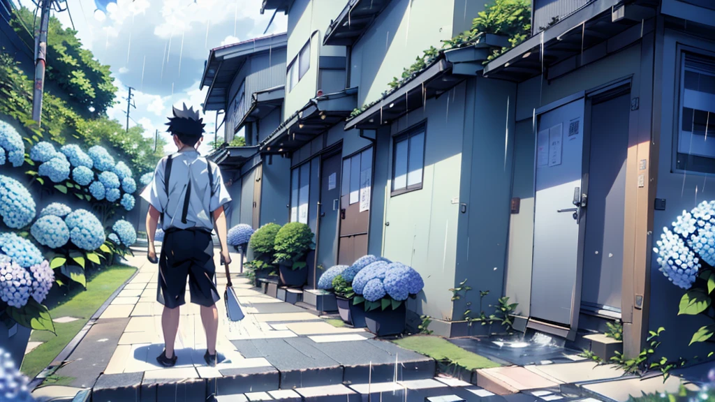 ((Highest quality)), ((masterpiece)), (detailed), Highest quality、High resolution、8K、male、male子学生、、soaked、bicycleを全力で漕いでいる、bicycleに乗っている、Very cloudy sky、Shower、Japan、City、bicycle、White short sleeve shirt、Black trousers、bicycleに乗ったJapanの学生服を着たmale子学生の後ろ姿、Heavy downpour、Standing surrounded by hydrangeas、Japanのアニメのような画風、超High resolutionかわいい萌えアニメ8k
