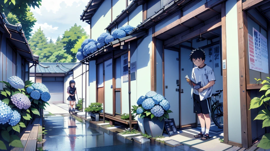 ((Highest quality)), ((masterpiece)), (detailed), Highest quality、High resolution、８K、male、male子学生、17 years old、soaked、bicycleを全力で漕いでいる、bicycleに乗っている、Very cloudy sky、Shower、Japan、City、bicycle、White short sleeve shirt、Black trousers、bicycleに乗ったJapanの学生服を着たmale子学生の後ろ姿、Heavy downpour、Standing surrounded by hydrangeas、Japanのアニメのような画風、超High resolutionかわいい萌えアニメ8k