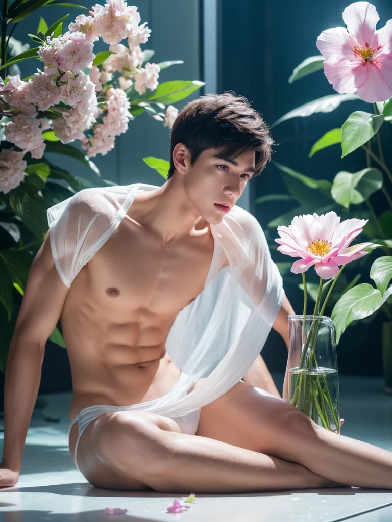 handsome Young man, Very good figure,short haircut,white skin,Not wearing a shirt ,wearing bikini underware create a hyper realistic a beautiful posture completely transparent crystal anthropomorphic glass curve filled with vibrant multicolored flowers sitting on the floor in profile, highly detailed surrealism professional fantasy attention to detail, ultra HD 64k hyperrealism studio lightning light reflection