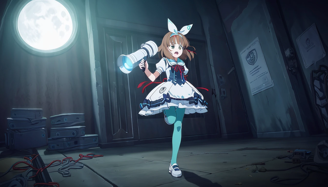 (best quality,4k,highres) A cute japaneese girl, drawn in anime style, futuristic, Frutiger aero aesthetic, sci-fi, is afraid, jade green eyes, long brown hair, ribbon headband, small breast, white and blue futuristic sailor lolita dressh puffy sleeves, school crest, red ribbon, navy blue pantyhose, High tech sport shoes with glowing parts, holding a flashlight, screaming in horror, in a abandoned haunted mansion, running away from a creepy ghost, at night, moonlight, low brightness, darkness, highly detailed, 4K.