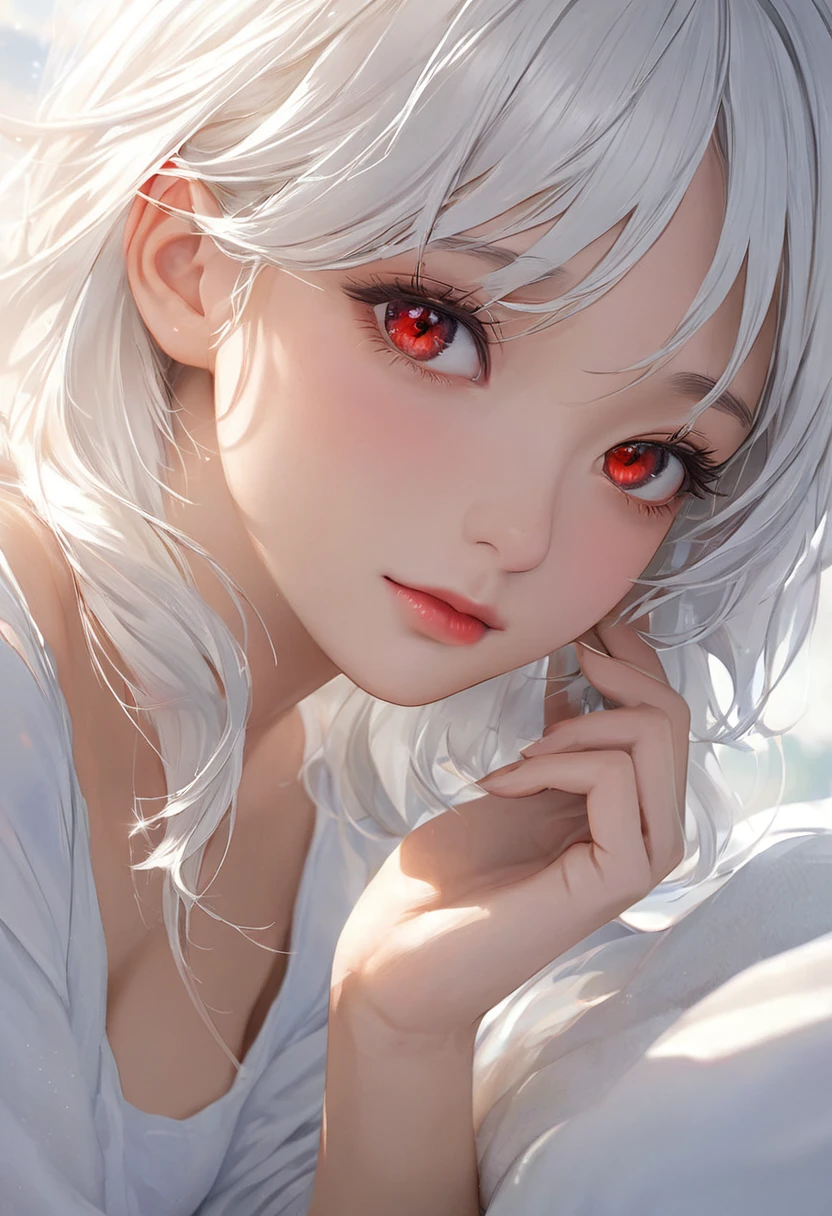 Young girl, Long white hair, red eyes,Clara honkai star rail, realistic, ultra detail, 70mm lens.