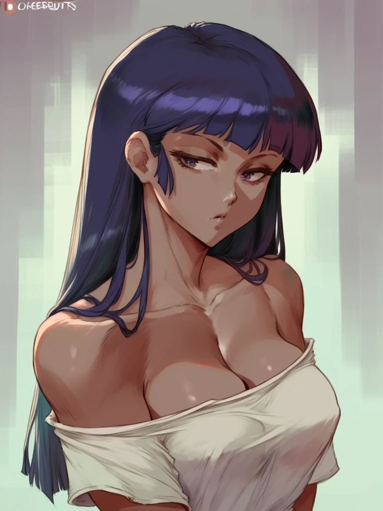 cutesexyrobutts style, muted pastel colors, retro anime, 1990s anime, 1980s anime, brush strokes, beautiful dark-skinned woman, classic retro anime style, violet myers, glossy body, blunt bangs, glistening skin, highly detailed, 8k, hyper realistic, cinematic lighting, dramatic shadows, vibrant colors, masterpiece,