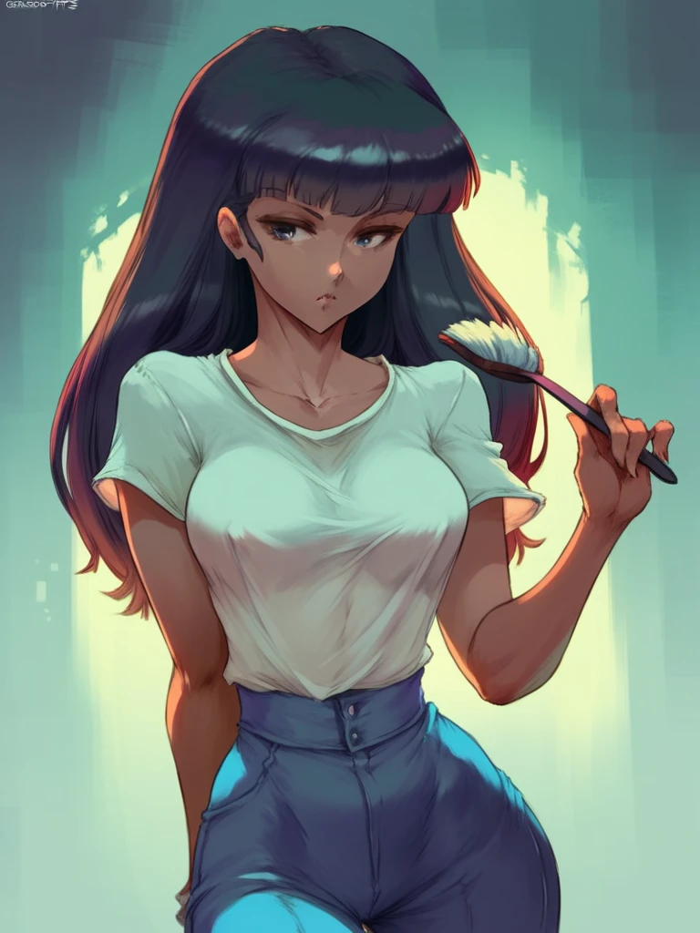 cutesexyrobutts style, muted pastel colors, retro anime, 1990s anime, 1980s anime, brush strokes, beautiful dark-skinned woman, classic retro anime style, violet myers, glossy body, blunt bangs, glistening skin, highly detailed, 8k, hyper realistic, cinematic lighting, dramatic shadows, vibrant colors, masterpiece,