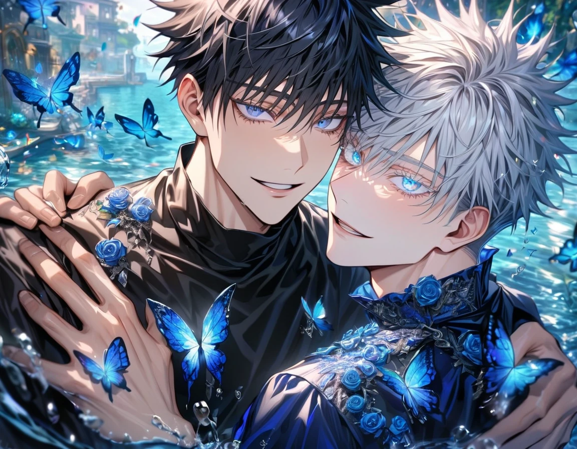 Ultra detailed, HDR, Highres, absurdres, master piece, Gojou Satoru, expressive blue eyes, white hair with bangs, white eyelashes, Fushiguro Megumi, expressive blue eyes, black hair, Jujutsu Kaisen, black shirt, blue glittering butterflies, blue ice, petals, blue ice glass roses, 2 sexy men together, gay couple, love, handsome, glittering, water, fantasy, magical, handsome smile