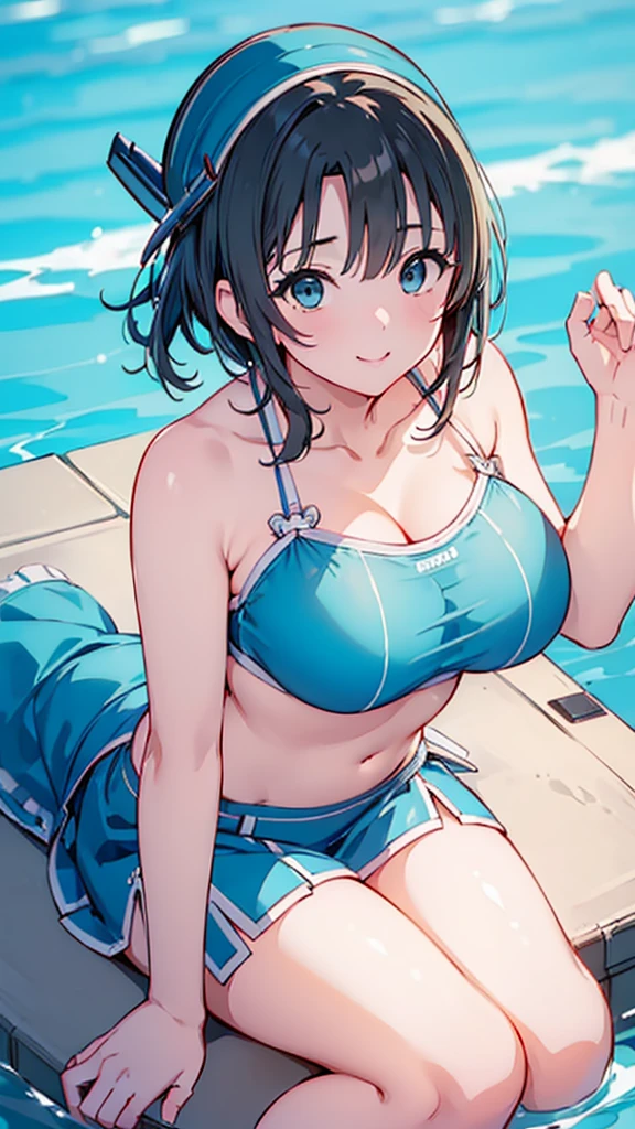 (((masterpiece))),(((High resolution)))、(((perfect face)))、(((Takao Kancolle)))、25 years old、(((beautiful face)))、(((tube top))), big tits、((top quality eyes)), detailed texture, ((high resolution face)), erotic smile, at the pool, short hair
