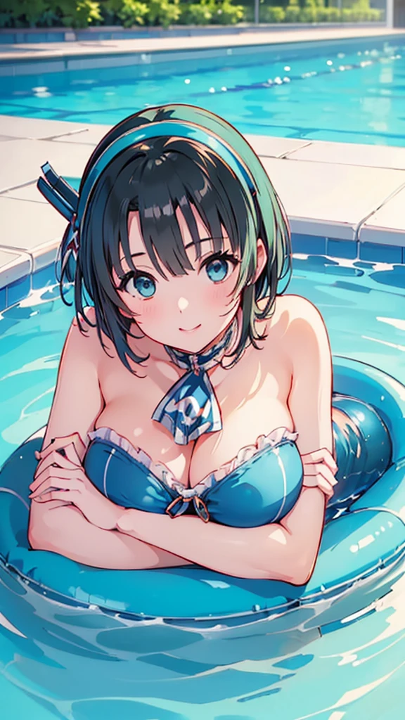 (((masterpiece))),(((High resolution)))、(((perfect face)))、(((Takao Kancolle)))、25 years old、(((beautiful face)))、(((tube top))), big tits、((top quality eyes)), detailed texture, ((high resolution face)), erotic smile, at the pool, short hair