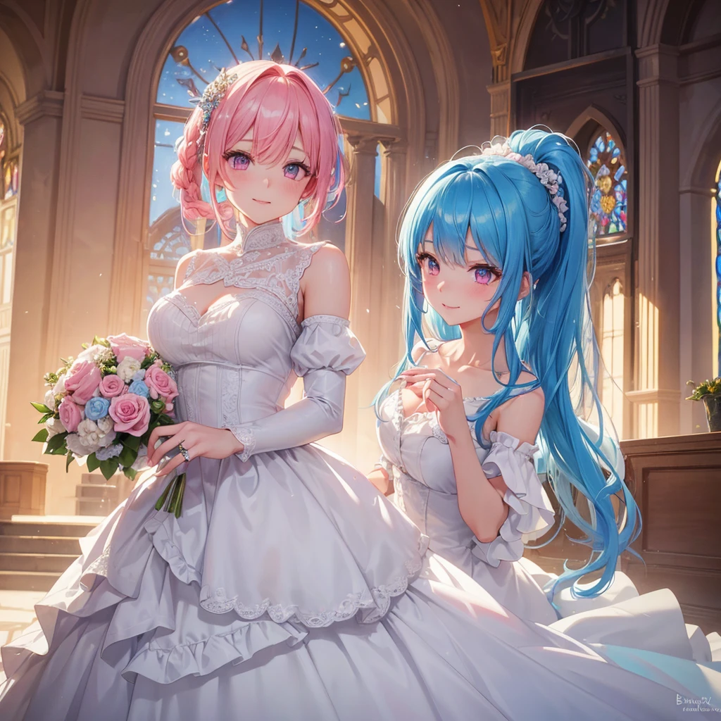 Sky blue hair, (One braided ponytail),(Pink Eyes),Fair skin ,(whole body),(One girl),bride,A big smile,Straight bangs, 6月のbride,Wedding dress,(masterpiece, Highest quality, Very detailed, Best Shadow), (Detailed Background), (Beautifully detailed face), High Contrast, (Best lighting, Very delicate and beautiful), ((Cinematic Light)), colorful, Hyper Detail, Dramatic Light, Intricate details,Chapel background,A bouquet of roses in the right hand,Ring on left ring finger,