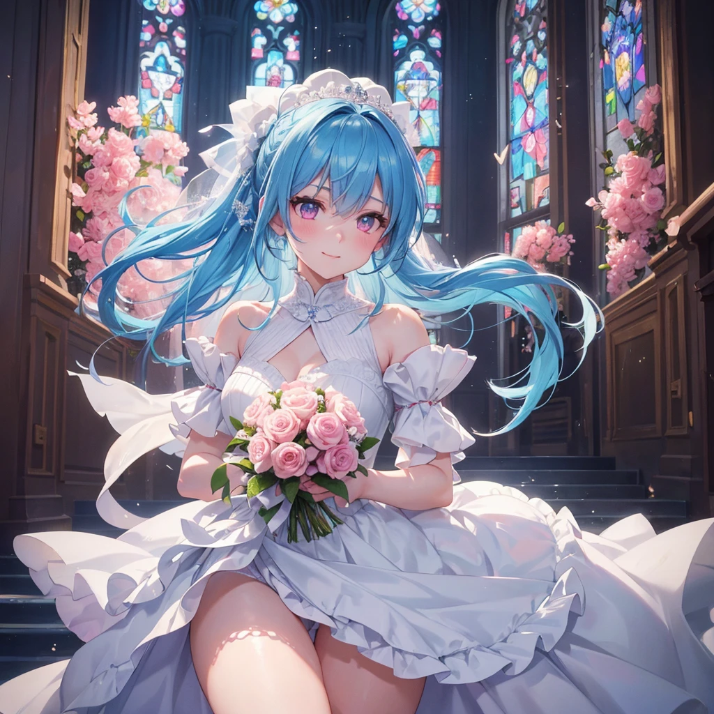 Sky blue hair, (Braided Ponytail),(Pink Eyes),Fair skin ,(whole body),(One girl),bride,A big smile,Straight bangs, 6月のbride,Wedding dress,(masterpiece, Highest quality, Very detailed, Best Shadow), (Detailed Background), (Beautifully detailed face), High Contrast, (Best lighting, Very delicate and beautiful), ((Cinematic Light)), colorful, Hyper Detail, Dramatic Light, Intricate details,Chapel background,Big bouquet of roses