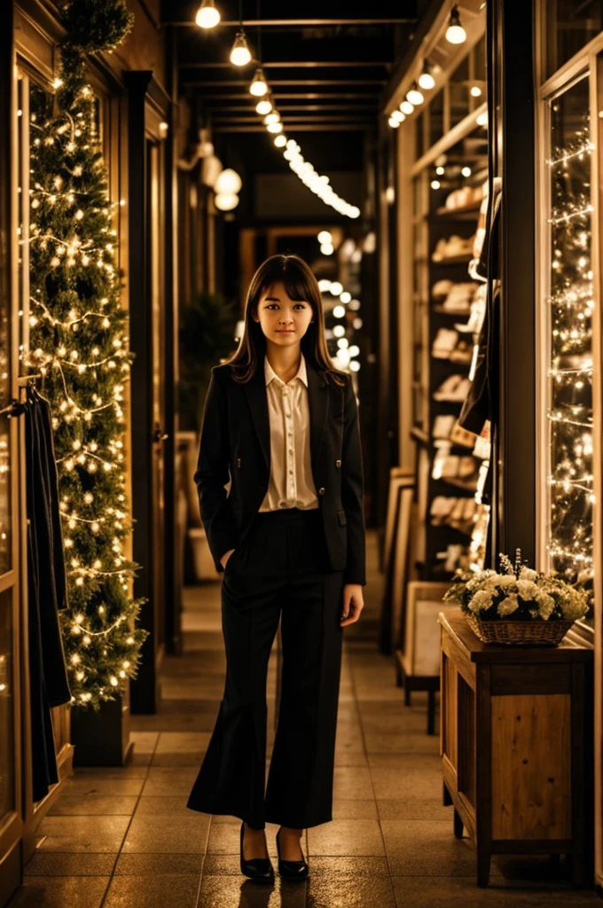 In the background the care with lights, a very cute girl standing in the corner of a store dressed elegantly 
