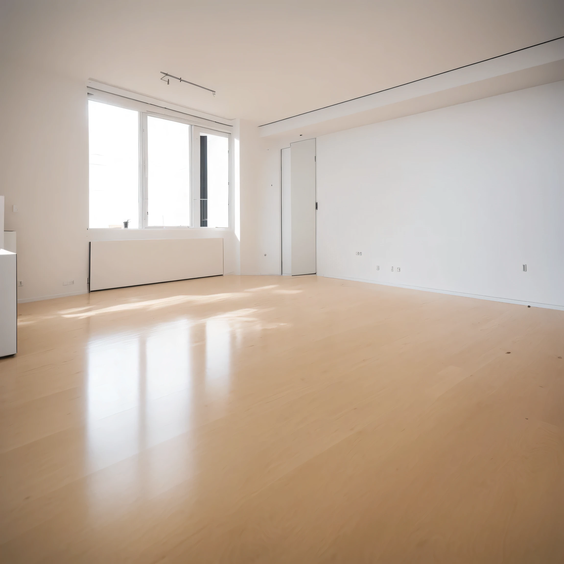 Imagine a minimalist and modern empty room interior.。The scene is、The room has white walls and light grey laminate flooring.。The room is bright and bright.、Natural light comes in through the windows、Accentuate the clean and simple aesthetic of an urban apartment space。
