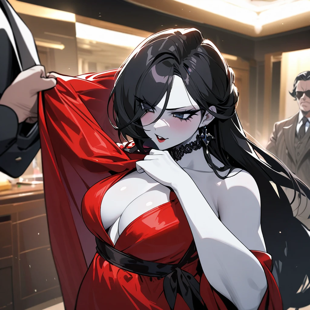 A woman, black hair, white skin, milf, Aristocrat mafia boss, dressing a red gown, ruthless expression, opulent modern background. 