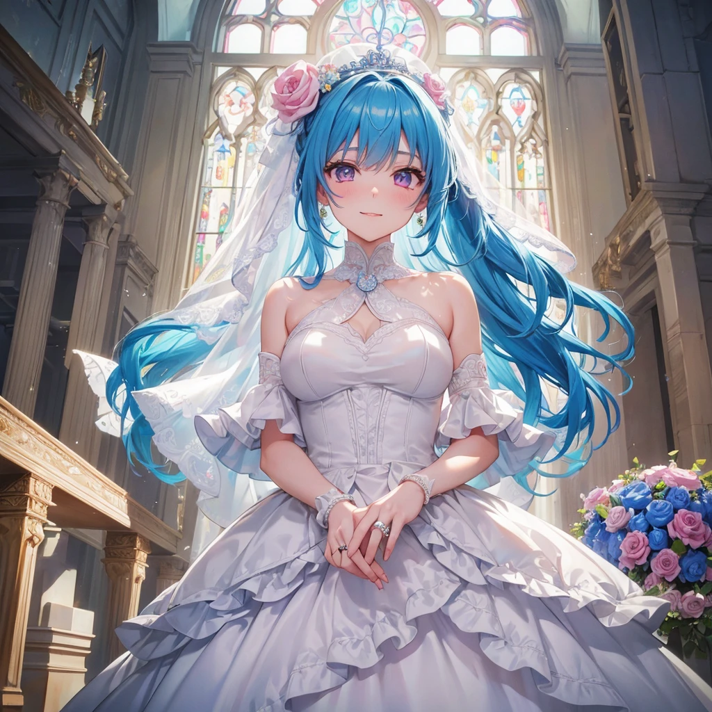 Sky blue hair, (One braided ponytail),(Pink Eyes),Fair skin ,(whole body),(One girl),bride,A big smile,Straight bangs, 6月のbride,Wedding dress,(masterpiece, Highest quality, Very detailed, Best Shadow), (Detailed Background), (Beautifully detailed face), High Contrast, (Best lighting, Very delicate and beautiful), ((Cinematic Light)), colorful, Hyper Detail, Dramatic Light, Intricate details,Chapel background,A bouquet of roses in the right hand,Ring on left ring finger,
