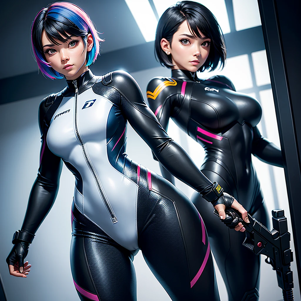 best qualityer,tmasterpiece,Ultimate resolution,downy,Extremely colorful,Colorful,Woman,a matural female,Black super short hair,Tight combat suit,white suit, tight suit, pointing a gun.
