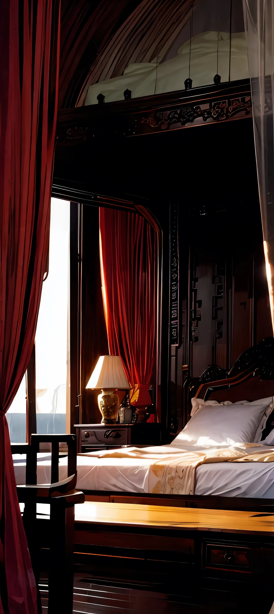 Best quality, masterpiece, ultra high res, raw photo, beautiful and aesthetic,deep shadow, dark theme,(ultra detailed:1.3), divine, royal bedroom, indoors, luxurious palace, canopy bed, full of curtains, pillows, jewelry, candlelight, queen bedrooms, pink room, Chinese style bedroom