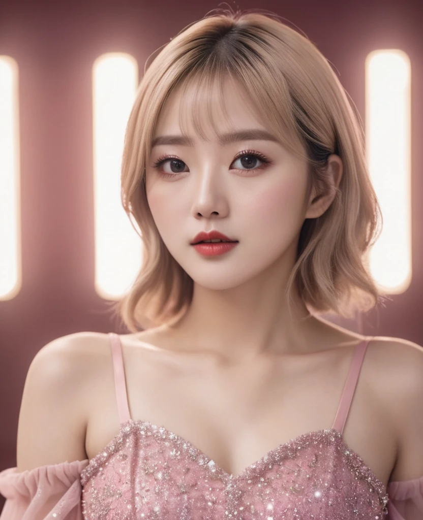 a beautiful korean woman, blonde hair, pale skin, wearing a pink glittery dress, standing on a stage taking a selfie, gorgeous, (best quality,4k,8k,highres,masterpiece:1.2),ultra-detailed,(realistic,photorealistic,photo-realistic:1.37), dramatic lighting, intricate details, fantasy, cinematic, elegant, shimmering dress, sparkling stars, dramatic pose, confident expression