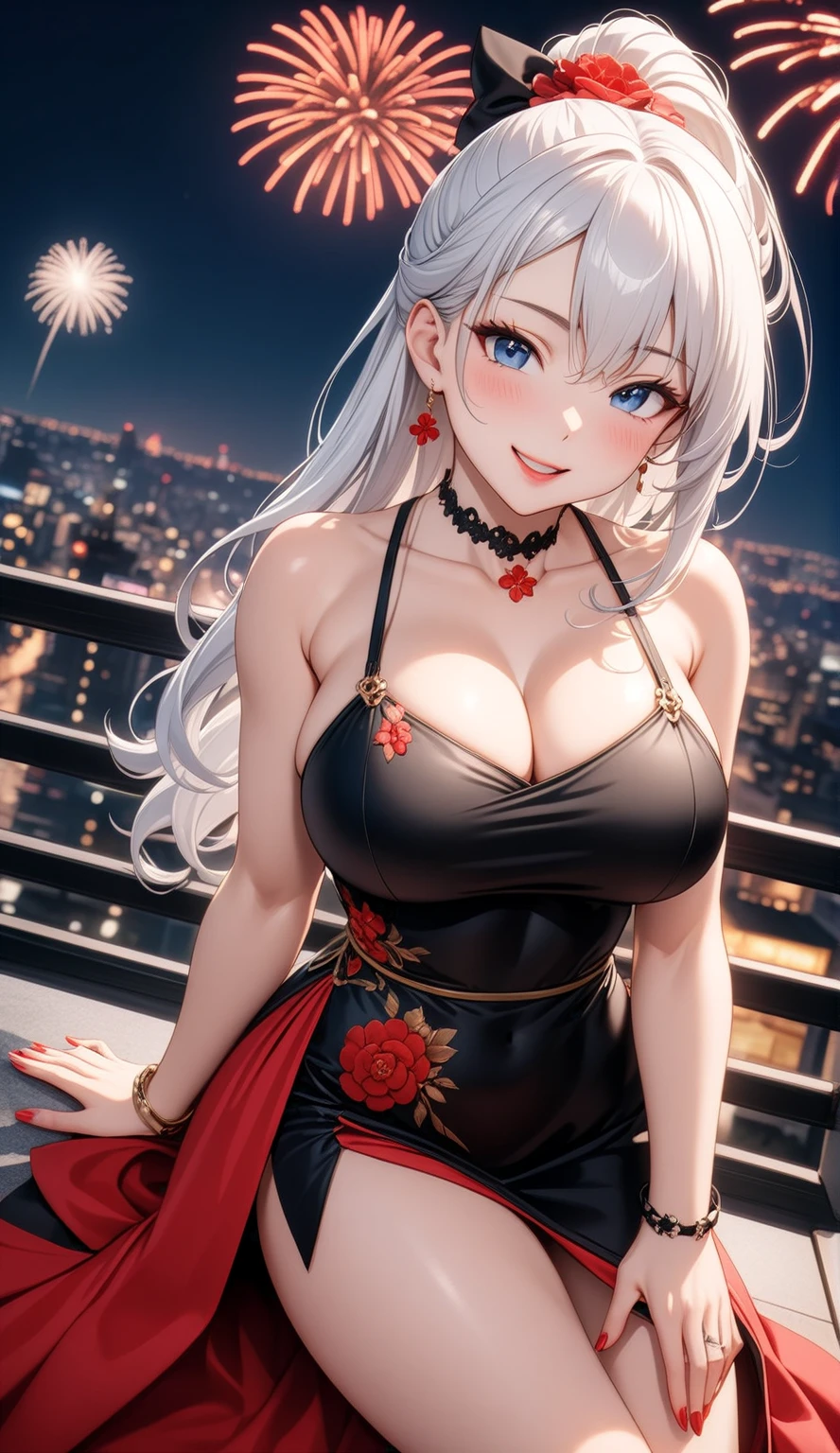 ((One personの女性)), Beautiful Face, (Laughing embarrassedly), (seductive smile:1.2), ((Wink:1.9)), (head tilt:1.3), Laugh with your mouth wide open, upper teeth, looking at viewer, ((Bright red cheeks:1.4)),Glossy Red Lips, red lipstick, Night view ,High-altitude observation deck, firework, Glossy red lips, (Shining Face), ((Anime style background)),masterpiece, Highest quality, so beautiful,up to date, Complex details, (Pink long nails),(ring),(bracelet),(Floral choker),(black high heel sandals)), AI-generated, Complex,High resolution, Highest quality, super high quality,3D Images、3D Images,One person,Long white hair,High Ponytail, Anime woman posing for a photo,(blue eyes), ((Fine grain、白銀色のShining Eyes、Shining Eyes:1.3)), (Squint your eyes:1.1),a hyperRealistic , hyperRealistic , Realistic,Anime woman with long white hair,  ((Doing sexy poses:1.3)), Smooth anime CG art, A woman in a colorful kimono with gold embroidery, (Black long sleeve kimono),Red floral pattern,Long flower hair ornament,Earrings,Mature Body,(Big Breasts:1.1),Tall,Abdominal muscles,Tight waist,(knee shot:1.2), (dutch angle:1.3),