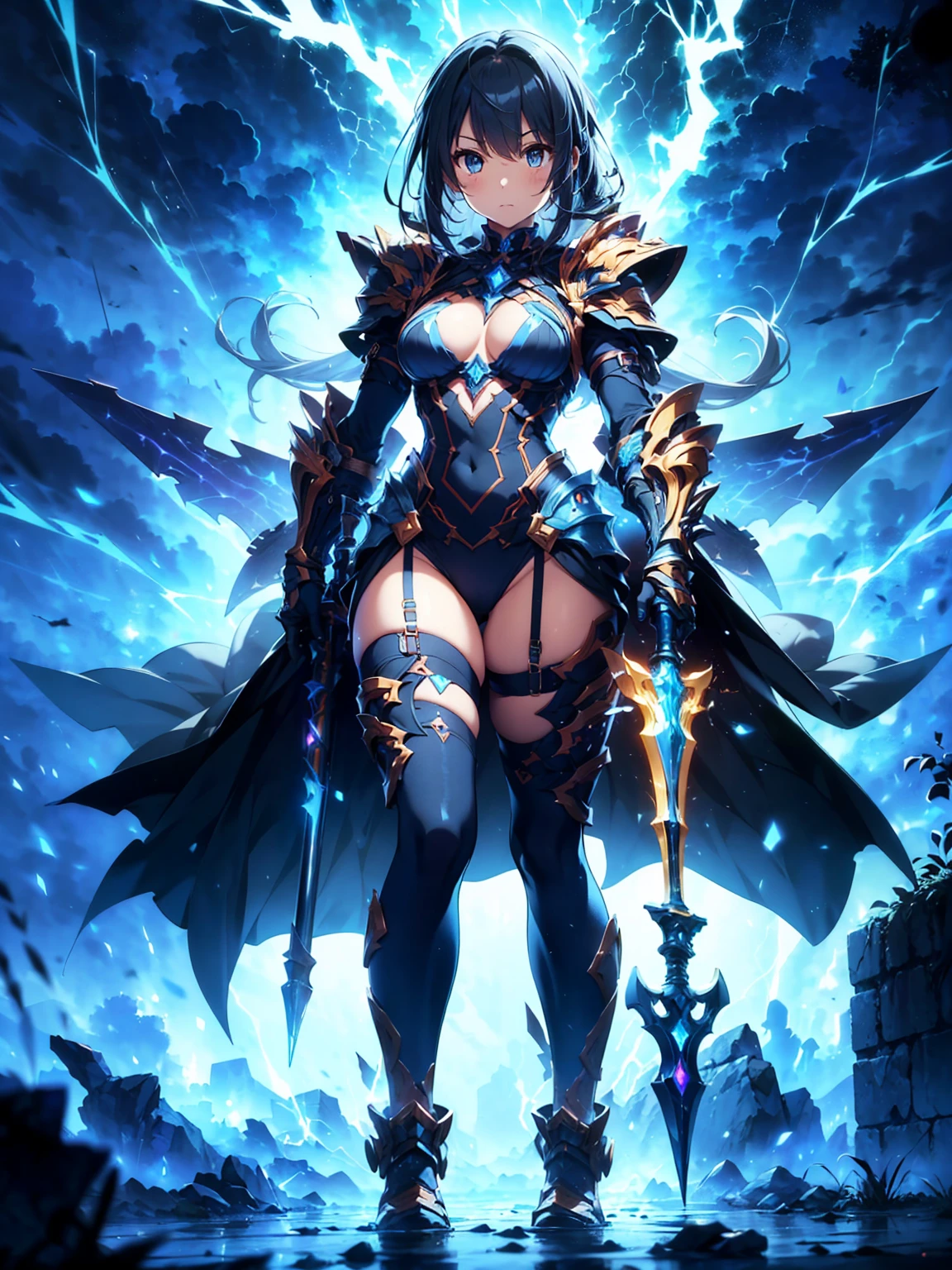 (((masterpiece, best quality, high detailed, 8k))) Design a layout showcase Gaming character, (1girl). Orange+Blue full body armor, stylish and unique. ((showcase weapon:1.4)), lightning rod. (masterpiece:1.2), (best quality), 4k, ultra-detailed. (Step by step design, layout art:1.5), (luminous lighting, atmospheric lighting). storm mage, ((glove full hands)), (((revealing clothes:1.3))), vambraces, armored legwear, (((full_body_shot:1.4))). {During a thunderstorm}