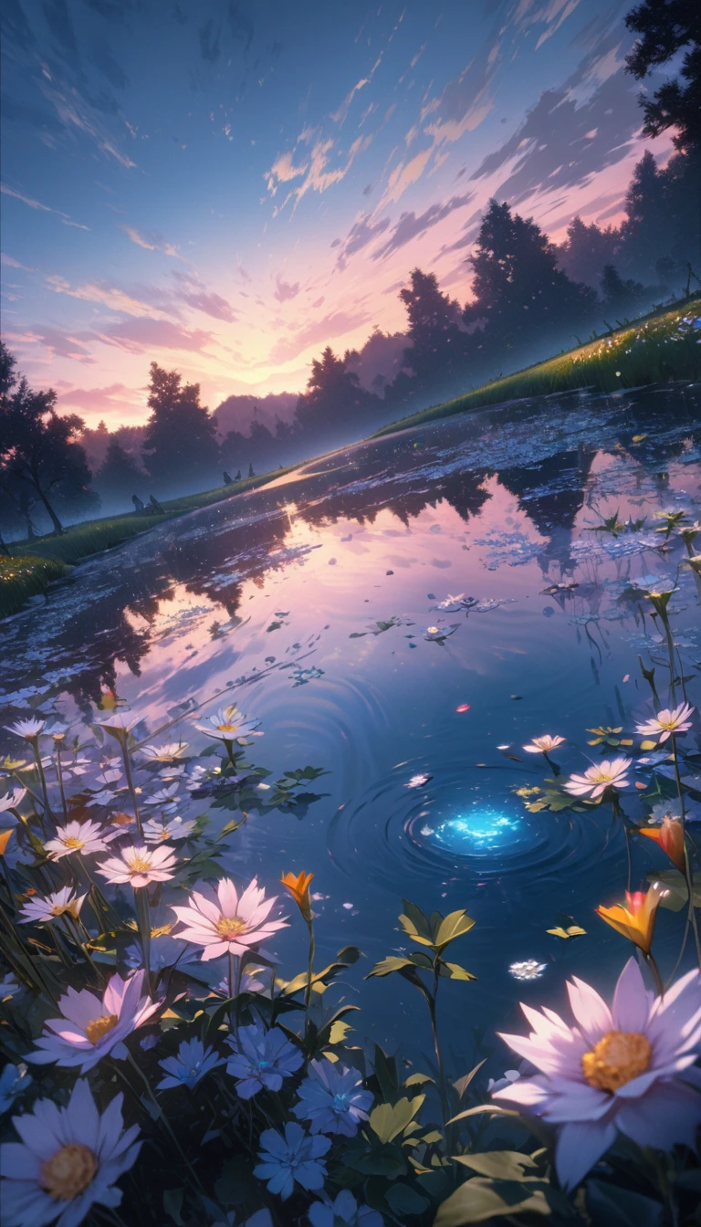 masterpiece, best quality, Extremely detailed CG unity 8k wallpaper, Magic pond at dusk, Meticulous attention to detail, light, high resolution, Flowers in bloom，（（（Spring morning）））
.Ultra wide angle（（（masterpiece）））, （（best quality））,（（Intricate details））,（（Surreal））（8K）