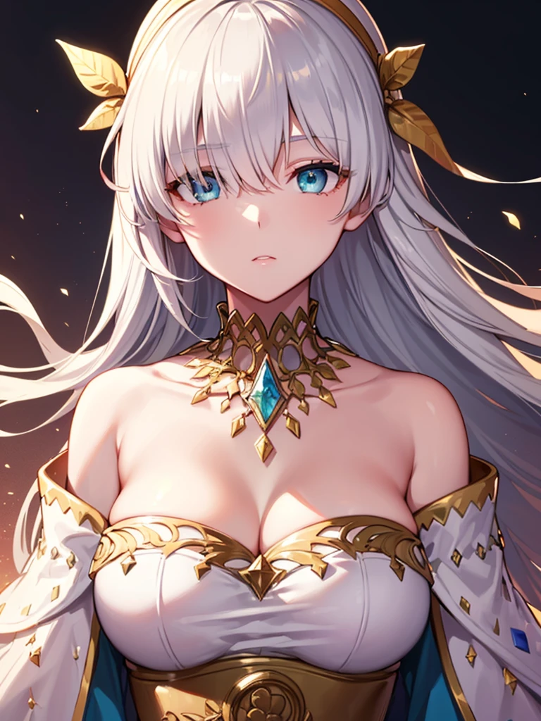 (((Face close-up))),(((No background))),(Expressionless),((((Portrait of a woman alone)))))),((Upper Body)),((alone)),((Hair fluttering in the wind)),((Side angle)),((Exposed shoulders)),Anime art style,masterpiece,(Highest quality), (Super Details),(Very delicate and beautiful),(alone),(Detailed face and eyes),Beautiful eyes like jewels,(A truly gorgeous jeweled ruffled rococo ball gown dress),(((Mature Woman,Queen))),fgo,Anastasia, Anastasia, blue eyes, Grey Hair, Hair between the eyes, (Hair on one eye:1.5), Long Hair, bangs, break blue Cape, brown hair band, Cape, dress, Fur trim, hair band, Royal Robes, sash, tachi-e, white dress, Wide sleeves, break looking at viewer, break indoors, break (masterpiece:1.2), Highest quality, High resolution, unity 8k wallpaper, (figure:0.8), (Beautiful attention to detail:1.6), Highly detailed face, Perfect lighting, Highly detailed CG, (Perfect hands, Perfect Anatomy)