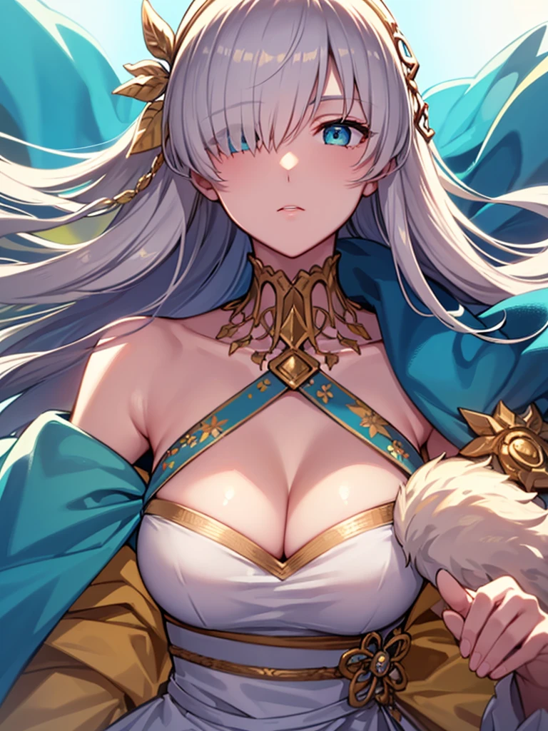 (((Face close-up))),(((No background))),(Expressionless),((((Portrait of a woman alone)))))),((Upper Body)),((alone)),((Hair fluttering in the wind)),((Side angle)),((Exposed shoulders)),Anime art style,masterpiece,(Highest quality), (Super Details),(Very delicate and beautiful),(alone),(Detailed face and eyes),Beautiful eyes like jewels,(A truly gorgeous jeweled ruffled rococo ball gown dress),(((Mature Woman,Queen))),fgo,Anastasia, Anastasia, blue eyes, Grey Hair, Hair between the eyes, (Hair on one eye:1.5), Long Hair, bangs, break blue Cape, brown hair band, Cape, dress, Fur trim, hair band, Royal Robes, sash, tachi-e, white dress, Wide sleeves, break looking at viewer, break indoors, break (masterpiece:1.2), Highest quality, High resolution, unity 8k wallpaper, (figure:0.8), (Beautiful attention to detail:1.6), Highly detailed face, Perfect lighting, Highly detailed CG, (Perfect hands, Perfect Anatomy)