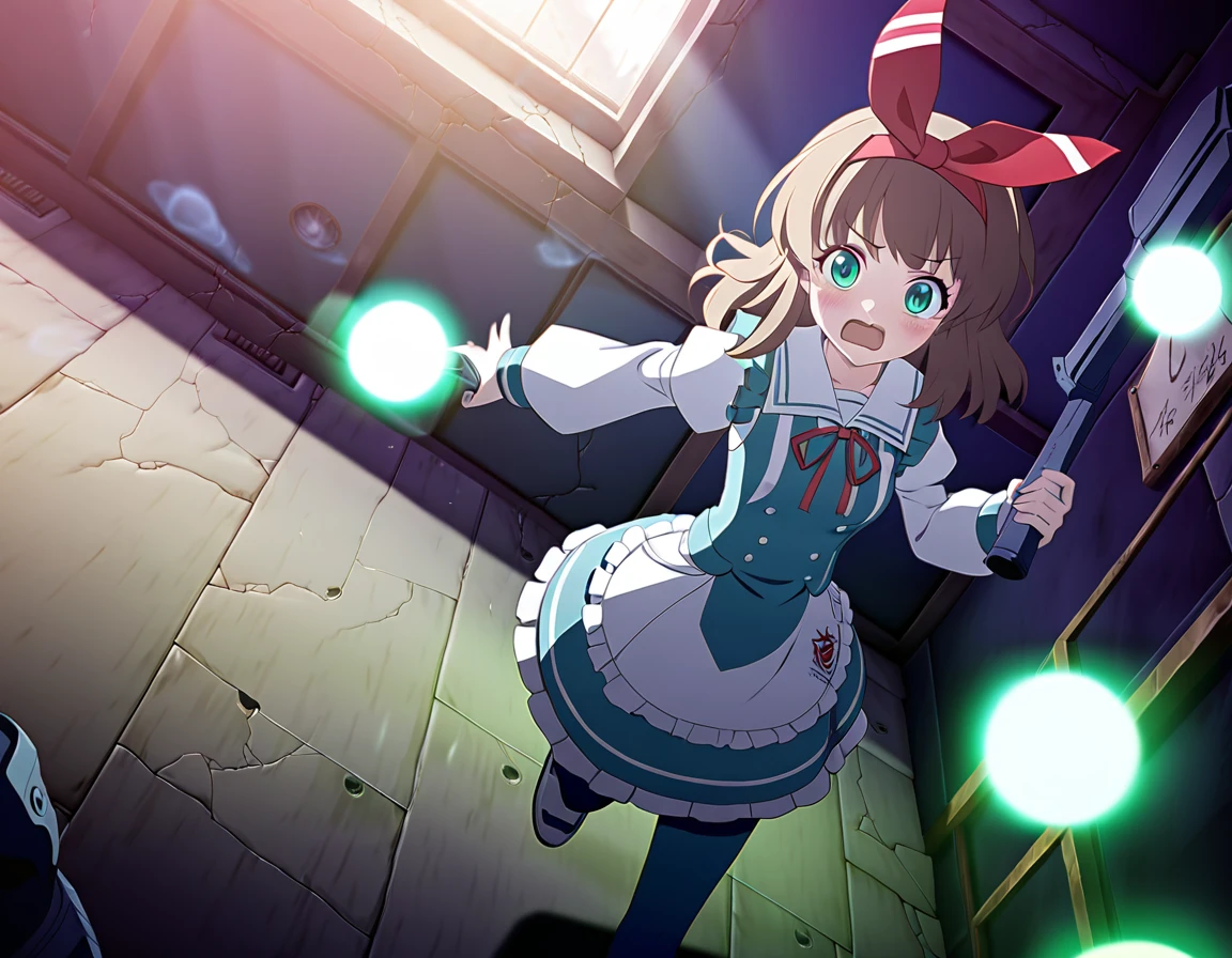 (best quality,4k,highres) A cute 15 years old japaneese girl, drawn in anime style, futuristic, Frutiger aero aesthetic, sci-fi, is afraid, jade green eyes, long brown hair, ribbon headband, small breast, white and blue futuristic sailor lolita dress with puffy sleeves, school crest, red ribbon, navy blue pantyhose, High tech sport shoes with glowing parts, holding a flashlight, screaming in horror, in a abandoned haunted mansion, running away from a creepy ghost, at night, moonlight, low brightness, darkness, highly detailed, 4K.