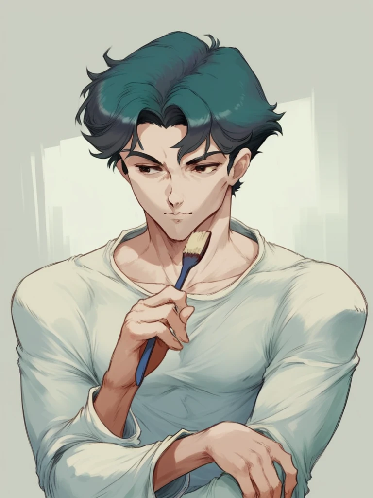 cutesexyrobutts style, muted pastel colors, retro anime, 1990s anime, 1980s anime, brush strokes, solo, retro anime style, muted palette colors, 1boy, delinquent, The expression on the character's face is a blend of calm and mischievousness. His slightly raised eyebrows and relaxed eyes convey a sense of confidence and ease. The small, confident smile adds a hint of playfulness, suggesting that he is self-assured and possibly in a good mood. This type of expression could be described as "nonchalant" or "coolly confident.