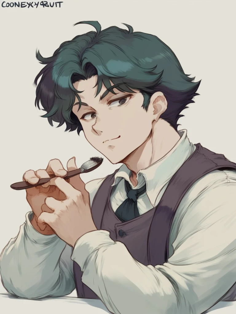 cutesexyrobutts style, muted pastel colors, retro anime, 1990s anime, 1980s anime, brush strokes, solo, retro anime style, muted palette colors, 1boy, delinquent, The expression on the character's face is a blend of calm and mischievousness. His slightly raised eyebrows and relaxed eyes convey a sense of confidence and ease. The small, confident smile adds a hint of playfulness, suggesting that he is self-assured and possibly in a good mood. This type of expression could be described as "nonchalant" or "coolly confident.