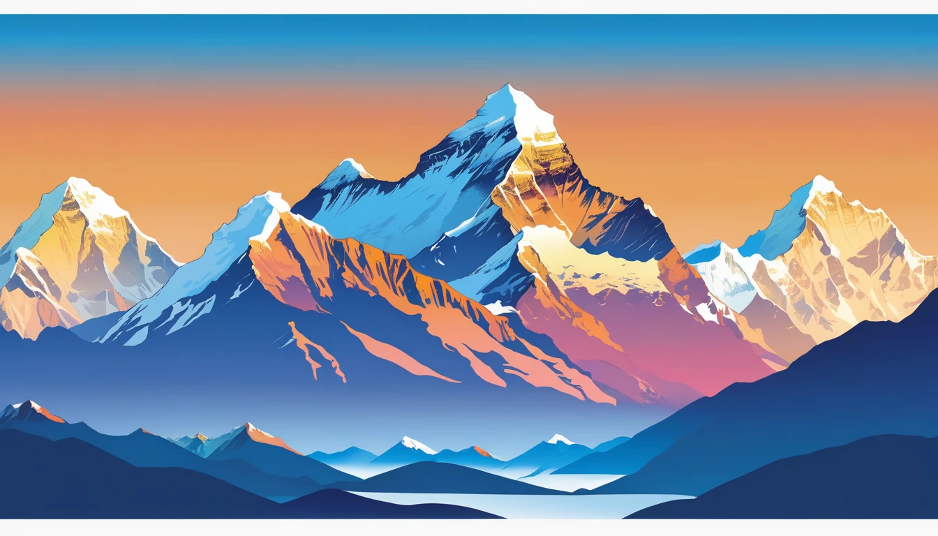 ((high resolution: 1.1))Himalayas，Snowy，The sky is magnificent。Wide panorama，high resolution、High Definition，Cool colors，Flat Wind，Minimalist illustration，Vector。((high resolution: 1.1))Illustration of a snow mountain range in the vector, using simple shapes and a 2D flat, vector artwork features beautiful colors with a blue sky and orange sunset, peaks, capped, covered, resembling a view, Mount Everest，Flat Wind，Minimalist illustration，Vector。