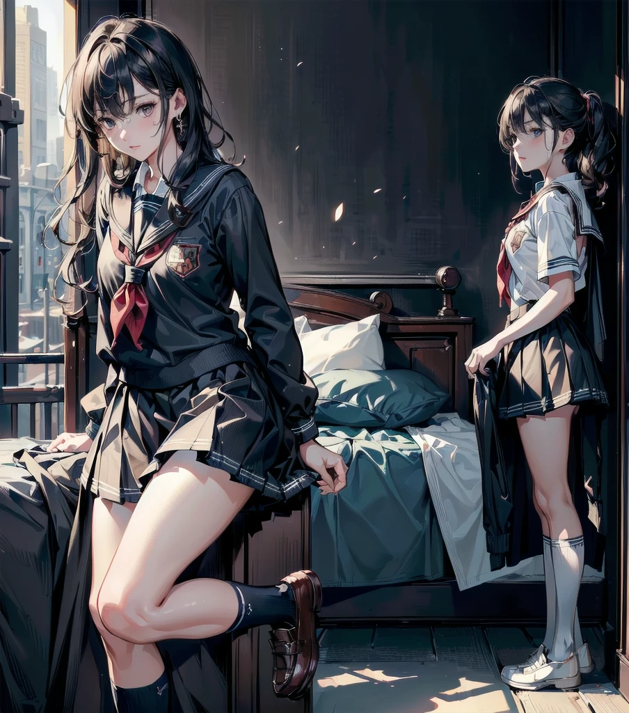 ((((absurdres, RAW photo, extremely delicate and beautiful, masterpiece, Best Quality, ultra high resolution, 32k, hyperrealistic, ultra-detailed)))), ((perfect anatomy)), super Detailed skin, perfect figure, Very detailed CG 8k wallpaper, in her 20s, very small head, very small face, delicate facial features, tearful mole, earring, very huge round breasts, full body shot, shorter middle hair, wavy hair, outdoor, ((((school uniform)))), bed,