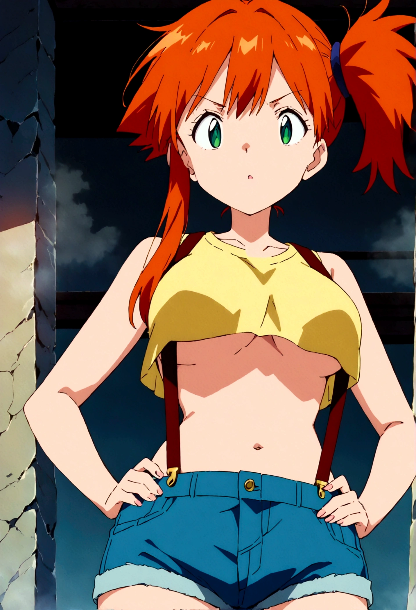 score_9,score_8, score_7_.superior,from below, (Insect's Eye).straight-on, (mature) , (outcome), One girl, , Foggy, alone, Outdoor, Green Eyes, Orange Hair, Side Ponytail, Yellow Shirt, Sleeveless shirt,belly button, Denim shorts, suspenders, Captivating look, Seductive expressions),(under_boob),,(shirt pull),hands on own hip,great lighting, perfect hands, detailed shadows,anime artwork, anime style, key visual, vibrant, studio anime,
highly detailed, newest, late, anime coloring, masterpiece, best quality,
best aestethic, absurdres,