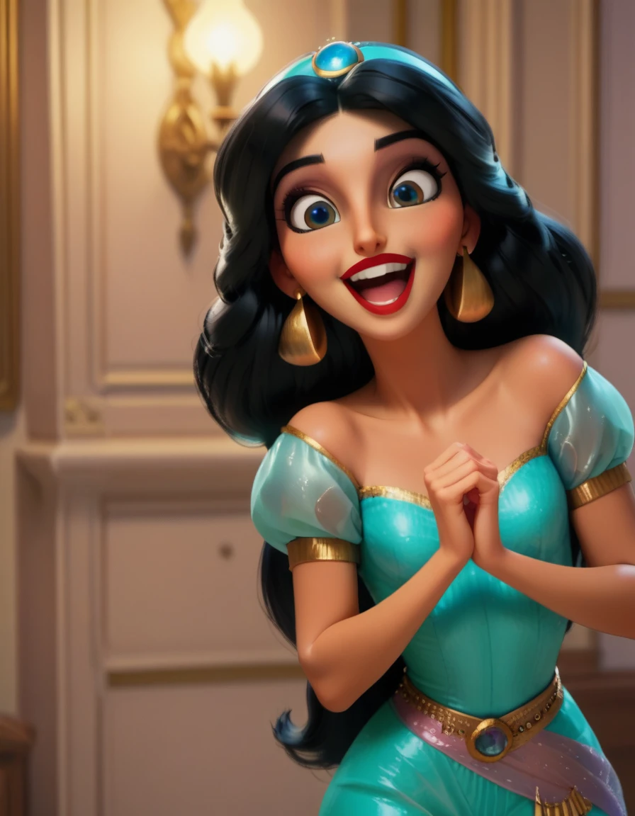 Disney style, curvy blue eyed girl with long wavy black hair and small breasts with princess_jasmine, laughing, happy
