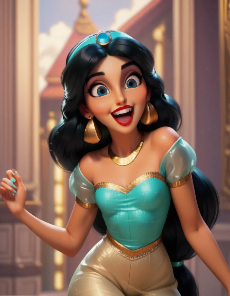 Disney style, curvy blue eyed girl with long wavy black hair and small breasts with princess_jasmine, laughing, happy