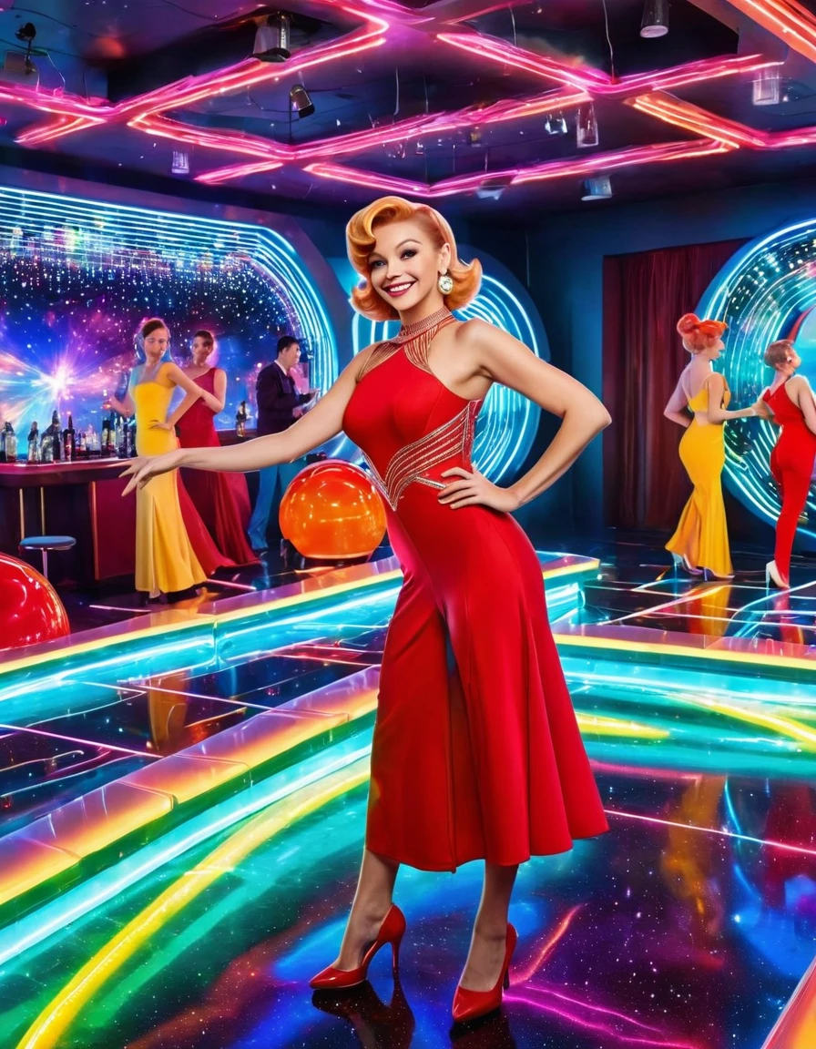 Generate a photo-realistic image of Judy Jetson from 'The Jetsons.' Judy is standing on a sleek and vibrant futuristic dance floor, bathed in colorful neon lights. She's wearing a stunning, form-fitting red dress that complements her futuristic style. Judy is captured mid-dance, with a joyful and captivating smile on her face. Around her, an array of futuristic robots, each with intricate designs and dynamic LED lights, join in the dance, creating a visually captivating atmosphere. On the dance floor, there are futuristic drinks with sparkling effects, adding to the visual spectacle. Through the transparent walls of the dance hall, a breathtaking view of the galaxy unfolds, with stars and planets glistening against the cosmic backdrop. Ensure that the image portrays Judy Jetson and the entire scene with hyper-realistic detail, as if it were a masterful photoshoot.