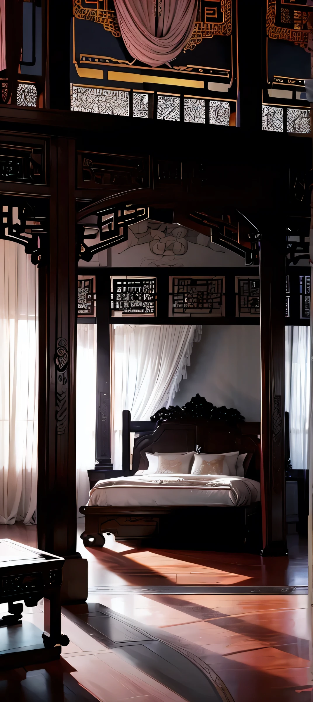 Best quality, masterpiece, ultra high res, raw photo, beautiful and aesthetic,deep shadow, dark theme,(ultra detailed:1.3), divine, royal bedroom, indoors, luxurious palace, canopy bed, full of curtains, pillows, jewelry, candlelight, queen bedrooms, pink room, Chinese style bedroom