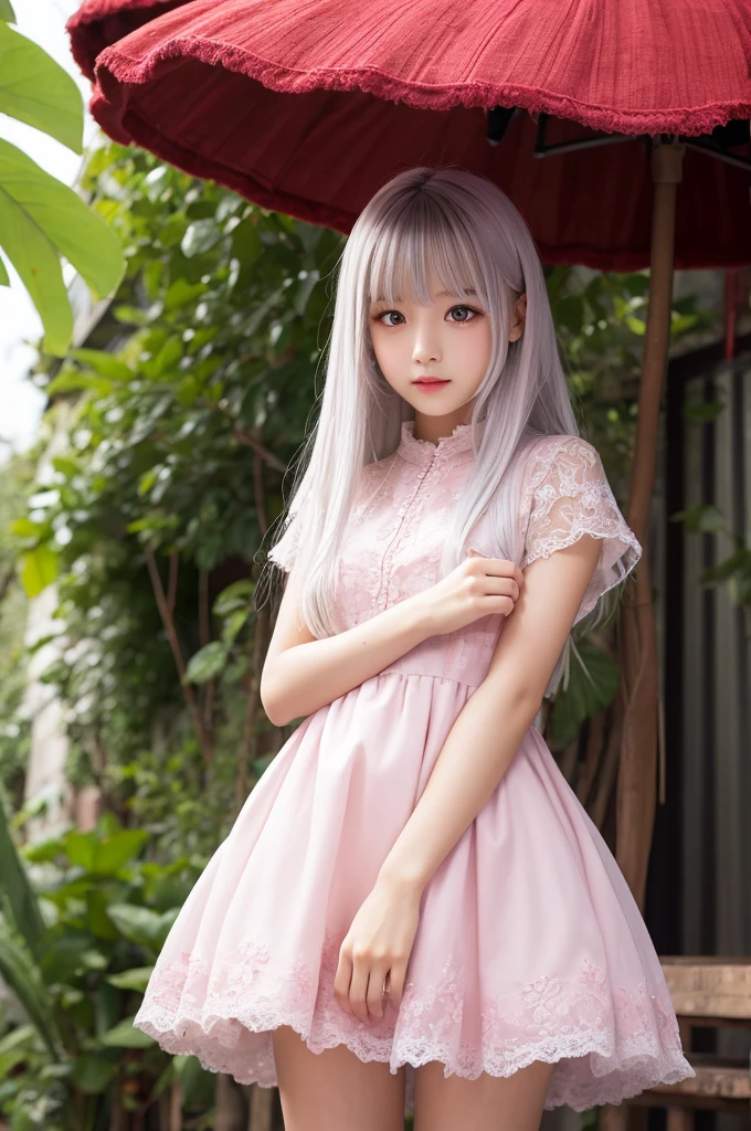 Red mushroom　girl　fluffy　Silver Hair　Pink Eyes　Fluffy dress