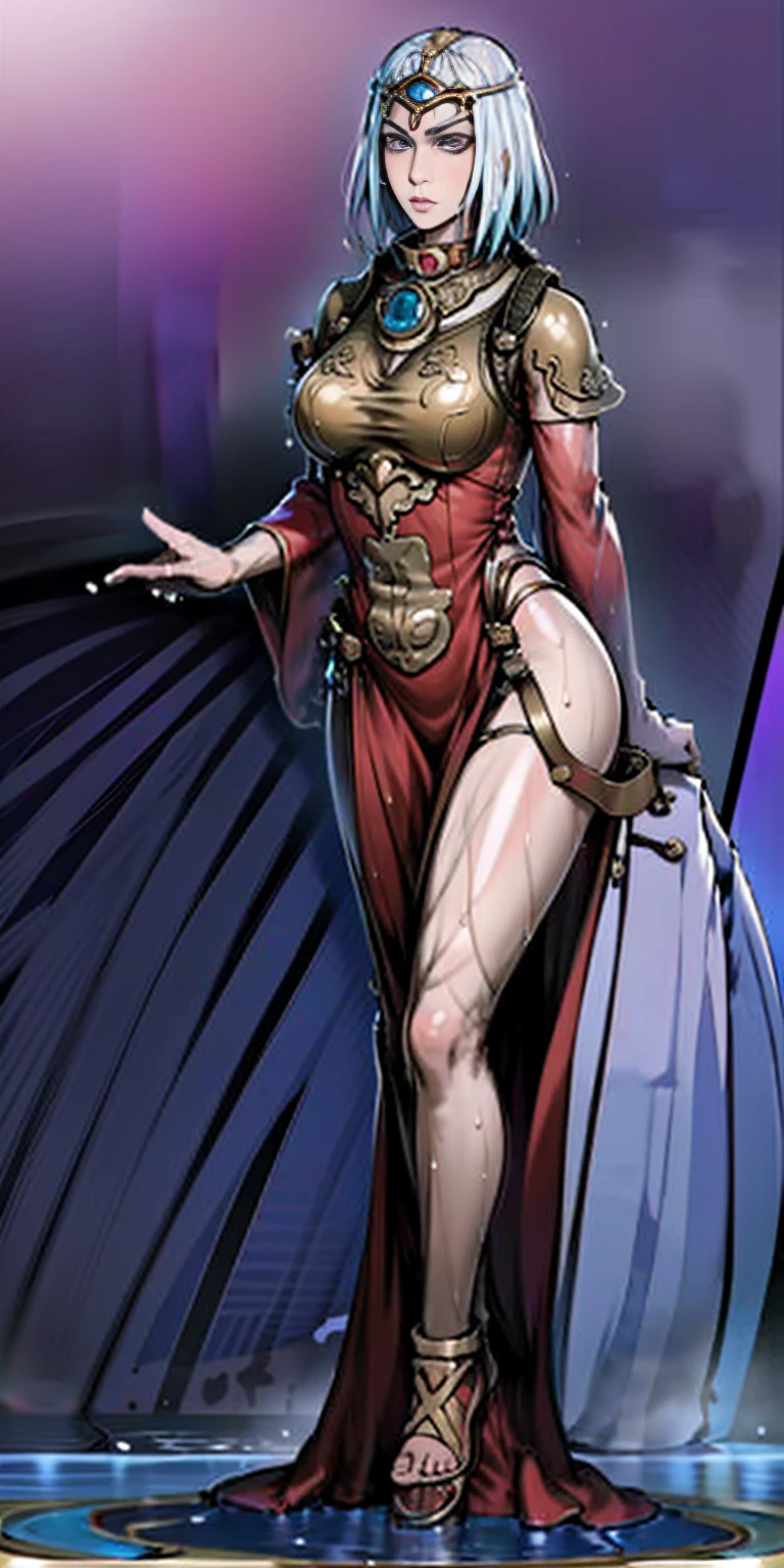 leather collar (Best quality, 4k, Masterpiece :1.3) full body standing symmetrical beautiful woman, hyper realistic, 1girl (drooping breasts, attractive body :1.2) sit-ups :1.1, short red hair: 1.1 (wet rainy, wet by rain, wet body :1.2) ultra-detailed face, detailed lips, detailed eyes, double eyelid, low-necked dress, open neckline, hanging breasts, side pose, visible curves, pool , poolside, red transparent robe, red sunglasses, muscular turned arms behind body, leather collar, golden bracers
