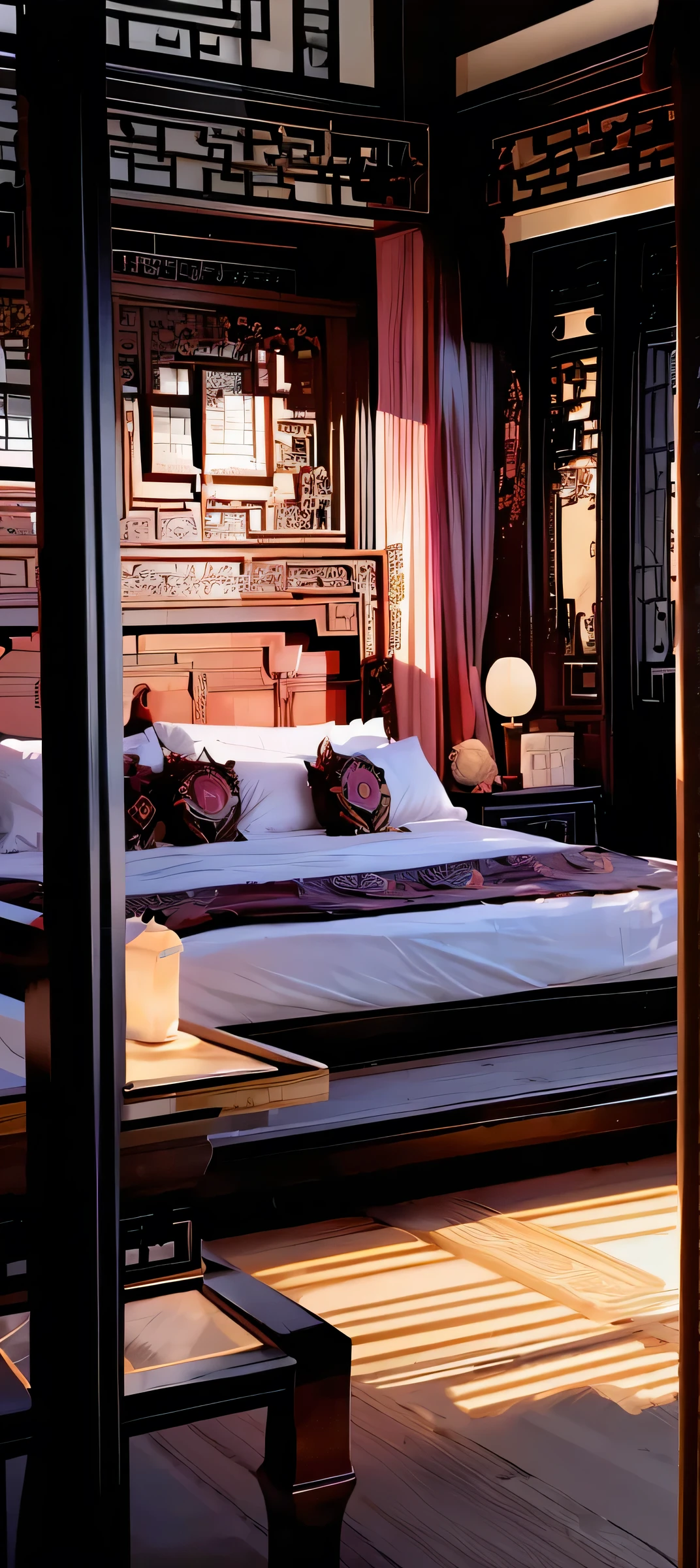 Best quality, masterpiece, ultra high res, raw photo, beautiful and aesthetic,deep shadow, dark theme,(ultra detailed:1.3), divine, royal bedroom, indoors, luxurious palace, canopy bed, full of curtains, pillows, jewelry, candlelight, queen bedrooms, pink room, Chinese style bedroom