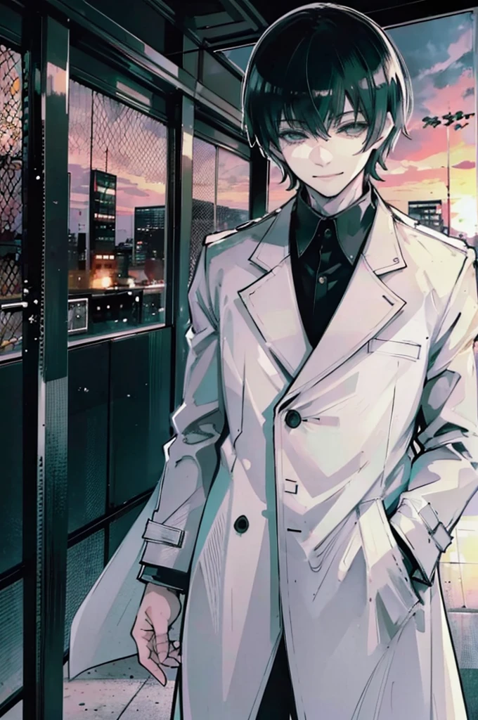 young man, black medium hair, green eyes, smiling, medium hair, wearing a pure white trench coat, wearing black pants, in one city, 4k, detailed, sui ishida art style, detailed eyes, in a sunset city